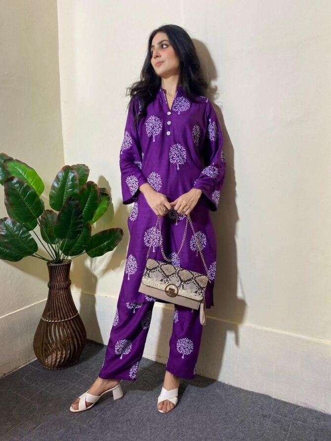 2pcs Women Stitched Linen Printed Shirt And Trouser