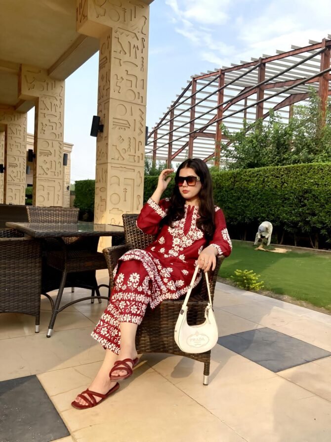 2pcs Women Stitched Linen Chikankari Printed Shirt And Trouser