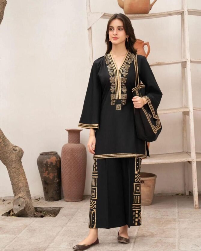 3pcs Women Stitched Linen Printed Shirt And Trouser