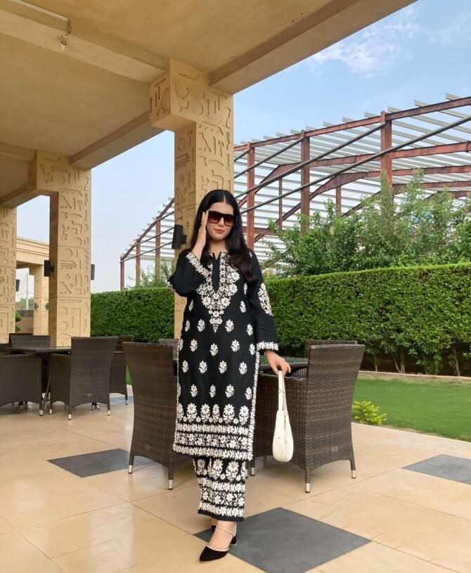 2pcs Women Stitched Linen Chikankari Printed Shirt And Trouser