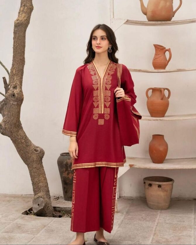 3pcs Women Stitched Linen Printed Shirt And Trouser