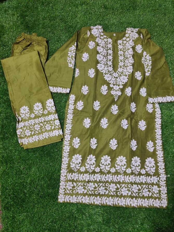 2pcs Women Stitched Linen Chikankari Printed Shirt And Trouser