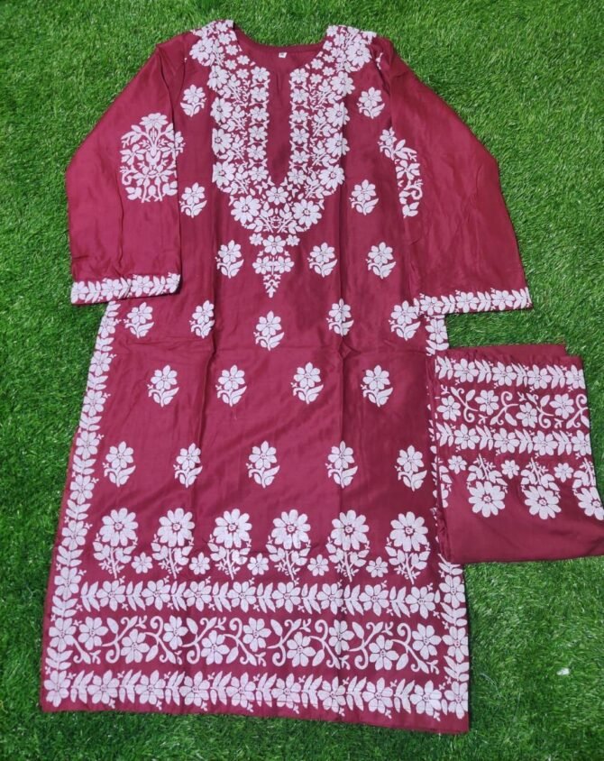 2pcs Women Stitched Linen Chikankari Printed Shirt And Trouser