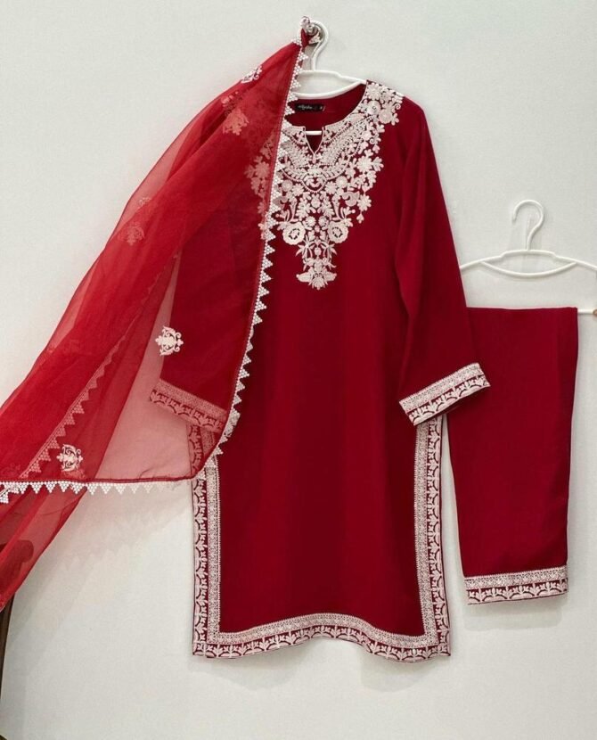 3pcs Women Stitched Organza Embroidered Suit