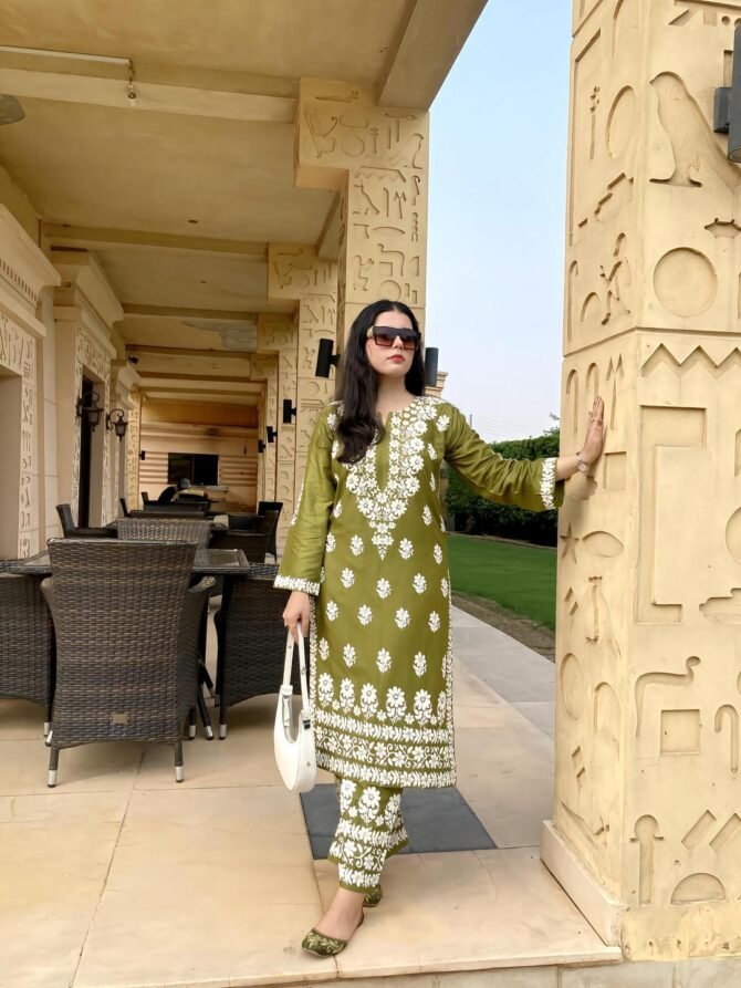 2pcs Women Stitched Linen Chikankari Printed Shirt And Trouser