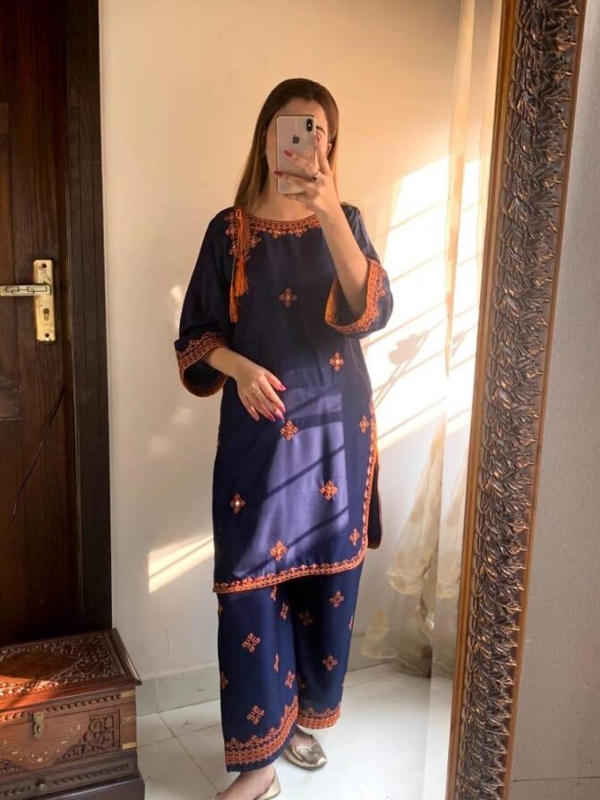 2pcs Women Stitched Linen Embroidered Suit