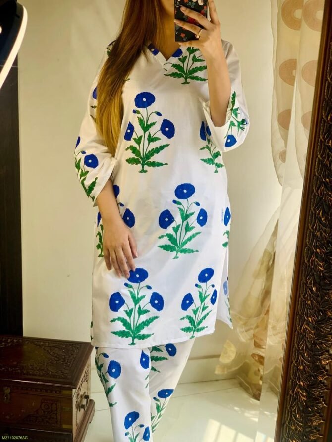 2pcs Women Stitched Linen Printed Shirt And Trouser