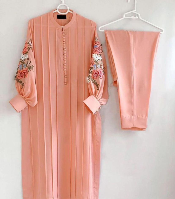 2pcs Women Stitched Linen Embroidered Suit