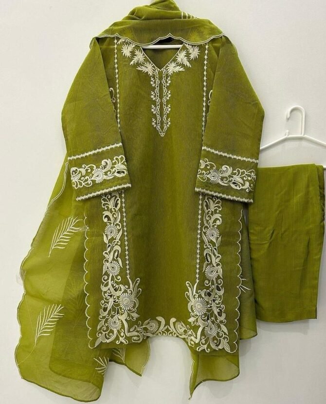3pcs Women Stitched Organza Embroidered Suit