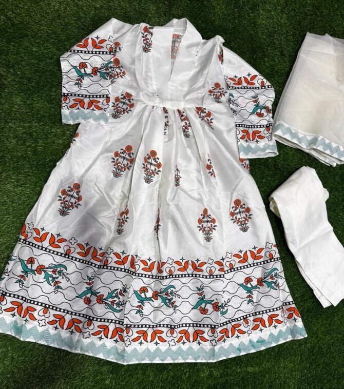 3pcs Women Stitched Katan Silk Block Printed Maxi Suit